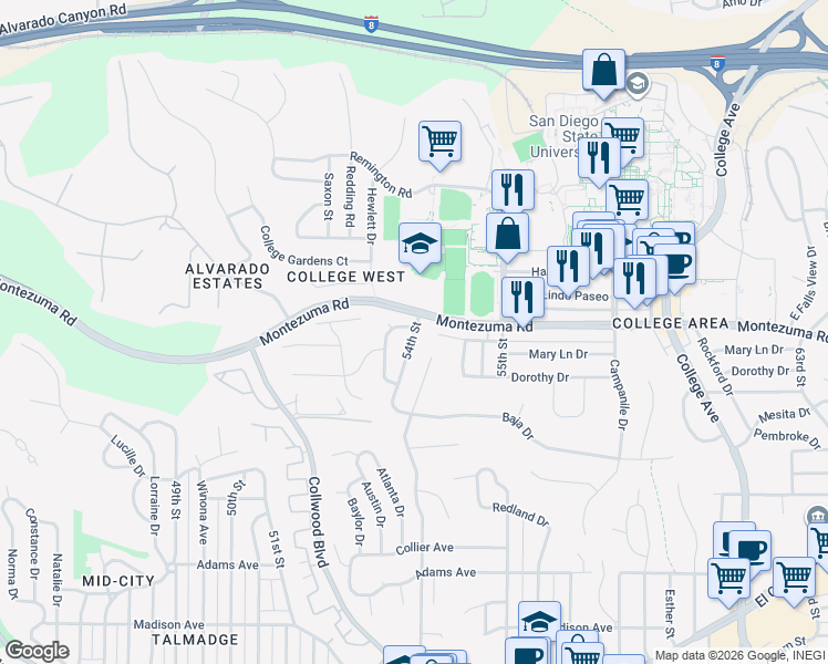 map of restaurants, bars, coffee shops, grocery stores, and more near 5073 54th Street in San Diego