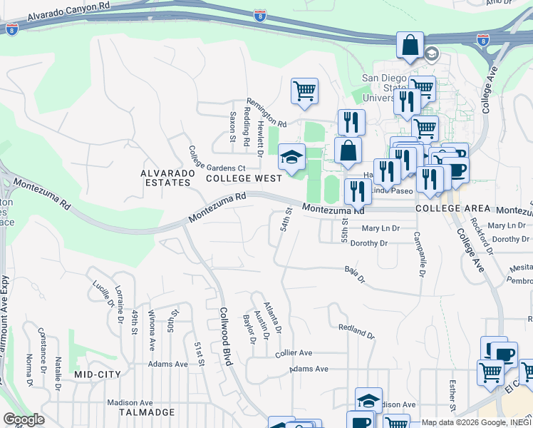map of restaurants, bars, coffee shops, grocery stores, and more near 5056 Faber Way in San Diego