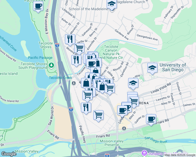 map of restaurants, bars, coffee shops, grocery stores, and more near 1248 Dorcas Street in San Diego