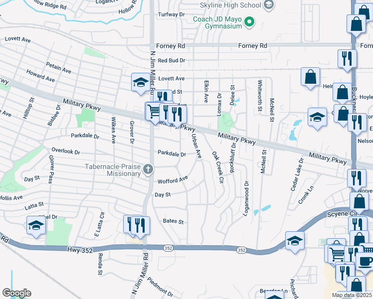 map of restaurants, bars, coffee shops, grocery stores, and more near 3814 Elva Avenue in Dallas
