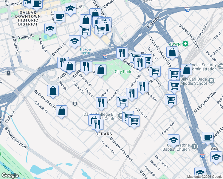 map of restaurants, bars, coffee shops, grocery stores, and more near in Dallas