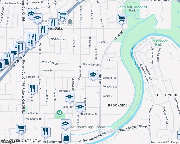 map of restaurants, bars, coffee shops, grocery stores, and more near 716 Springer Avenue in River Oaks