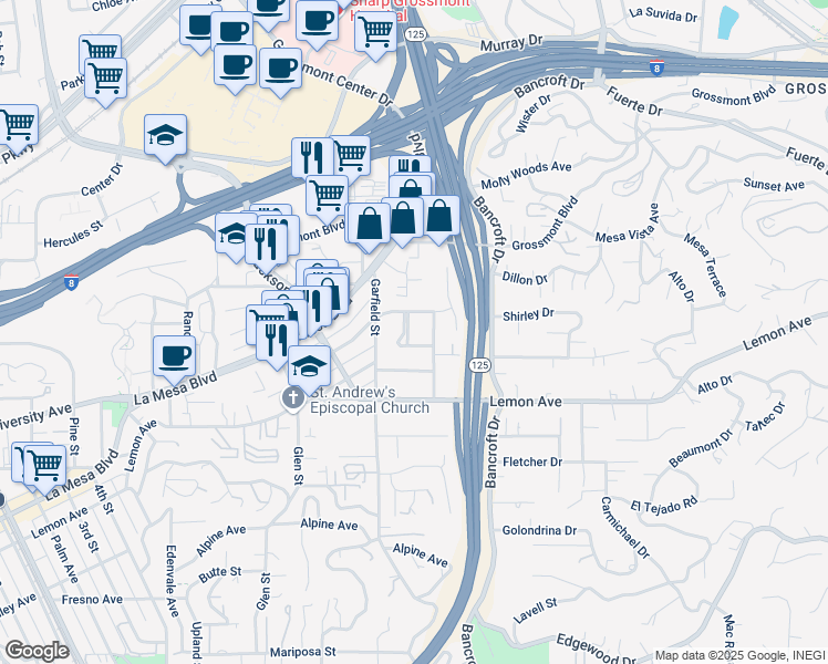 map of restaurants, bars, coffee shops, grocery stores, and more near 5031 Linden Way in La Mesa