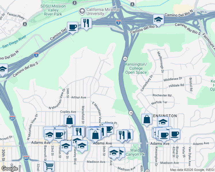 map of restaurants, bars, coffee shops, grocery stores, and more near 3564 Sydney Place in San Diego