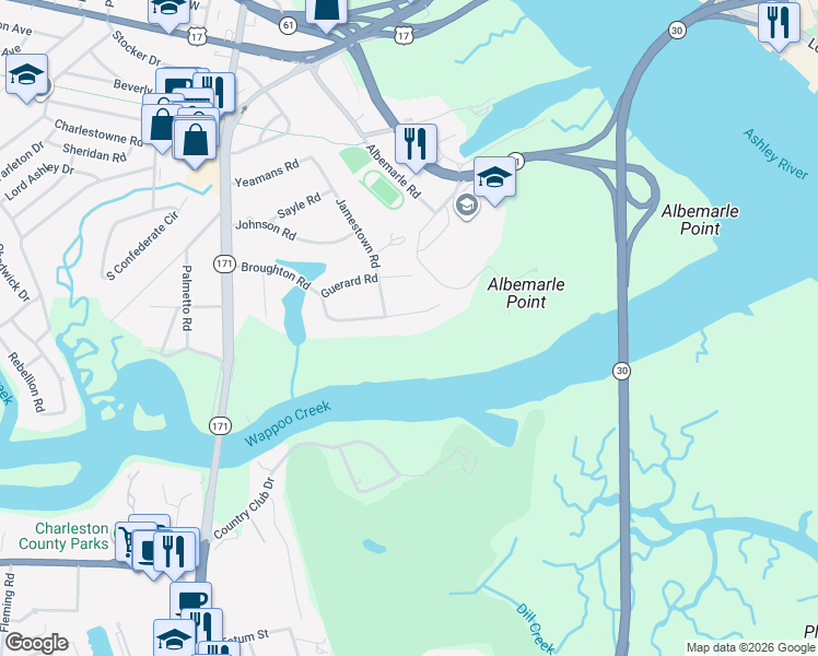 map of restaurants, bars, coffee shops, grocery stores, and more near 11 Broughton Road in Charleston