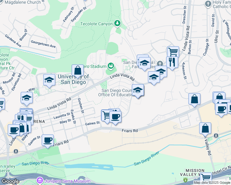 map of restaurants, bars, coffee shops, grocery stores, and more near 6243 Caminito Andreta in San Diego