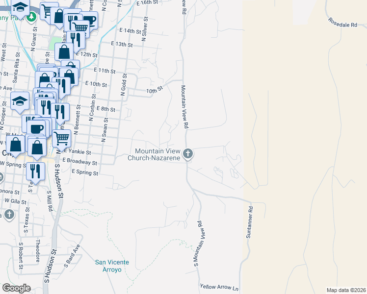 map of restaurants, bars, coffee shops, grocery stores, and more near 213 Mountain View Road in Silver City