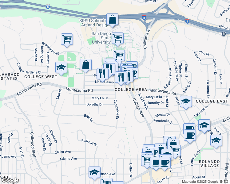 map of restaurants, bars, coffee shops, grocery stores, and more near 5096 Campanile Drive in San Diego