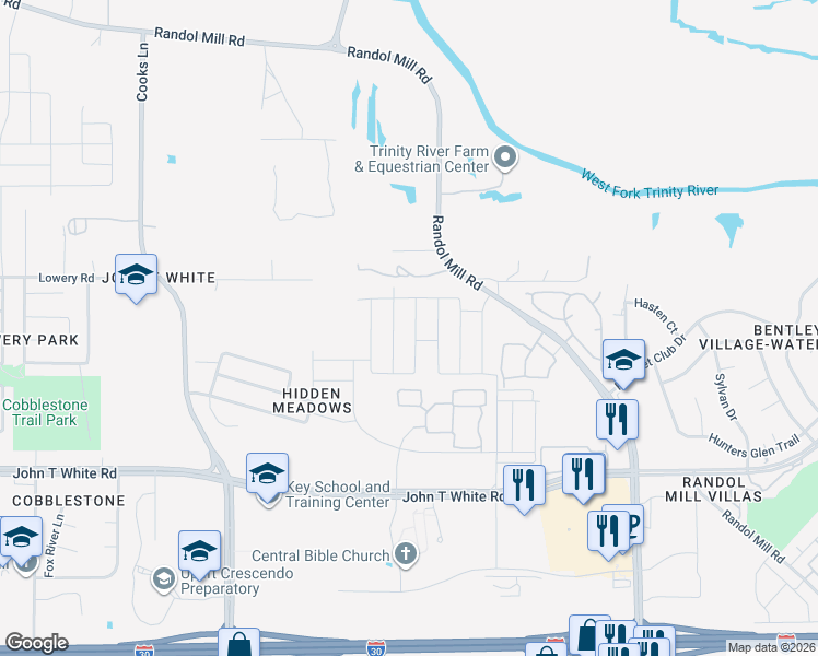 map of restaurants, bars, coffee shops, grocery stores, and more near 624 Stanmire Lake Trail in Fort Worth