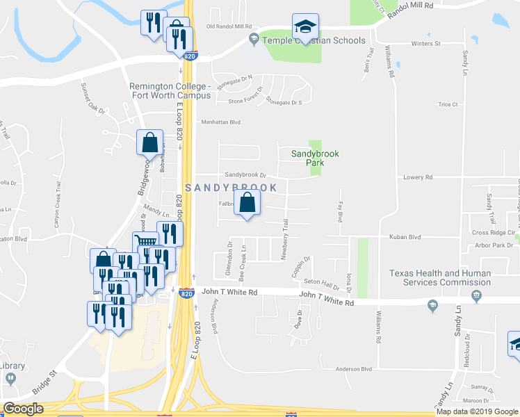 map of restaurants, bars, coffee shops, grocery stores, and more near 6950 Fallbrook Court West in Fort Worth
