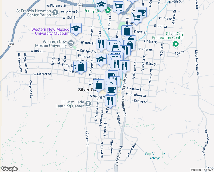 map of restaurants, bars, coffee shops, grocery stores, and more near 11 West Yankie Street in Silver City