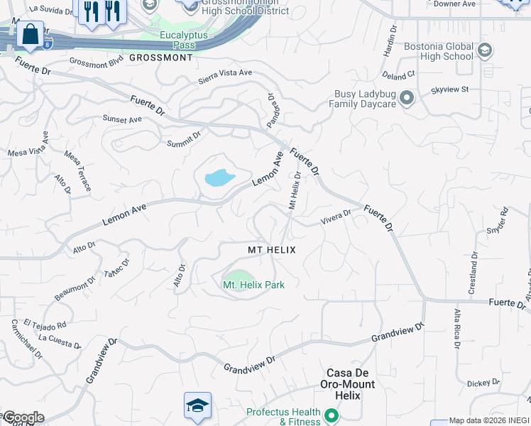 map of restaurants, bars, coffee shops, grocery stores, and more near 4742 Mount Helix Drive in La Mesa