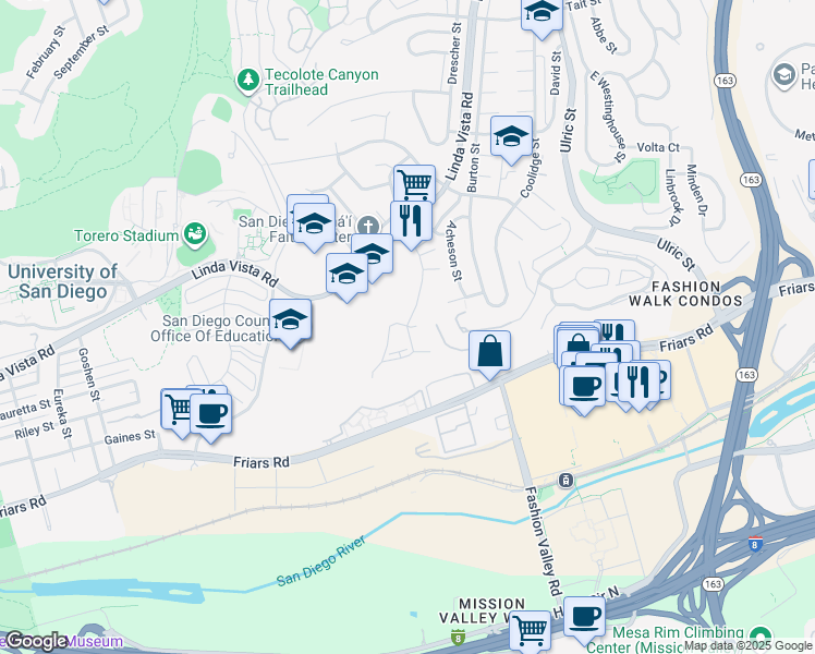 map of restaurants, bars, coffee shops, grocery stores, and more near Canyon Rim Row & River Glen Row in San Diego