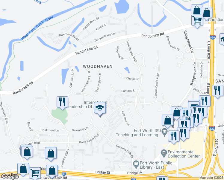 map of restaurants, bars, coffee shops, grocery stores, and more near 6012 Lantana Lane in Fort Worth