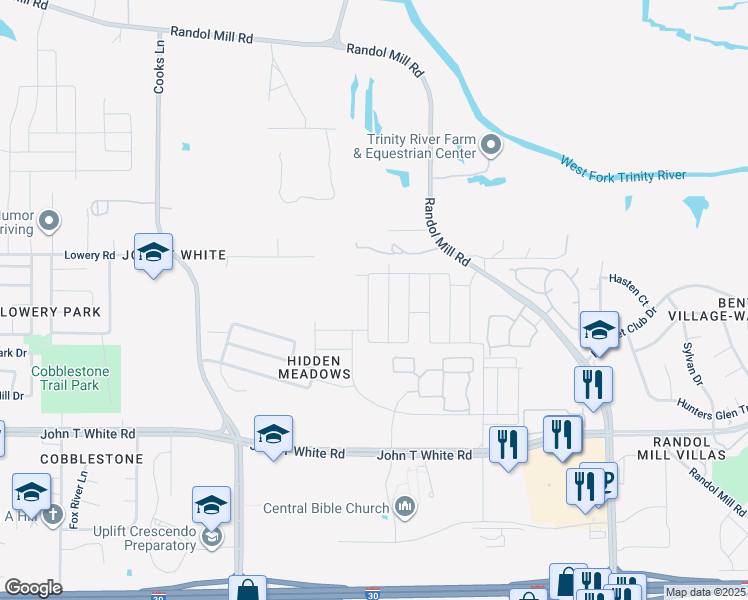 map of restaurants, bars, coffee shops, grocery stores, and more near 625 Buzzard Lake Trail in Fort Worth