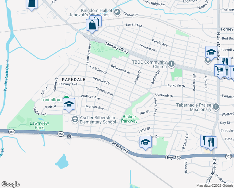 map of restaurants, bars, coffee shops, grocery stores, and more near 6207 Fairway Avenue in Dallas