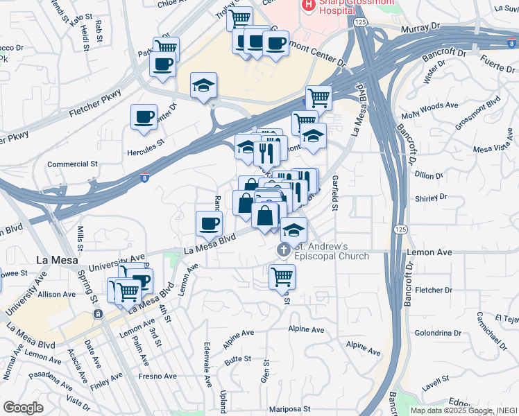 map of restaurants, bars, coffee shops, grocery stores, and more near 8653 Washington Avenue in La Mesa