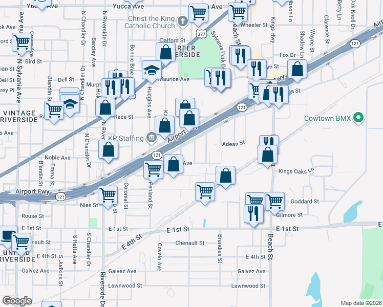 map of restaurants, bars, coffee shops, grocery stores, and more near 413 Cartwright Avenue in Fort Worth