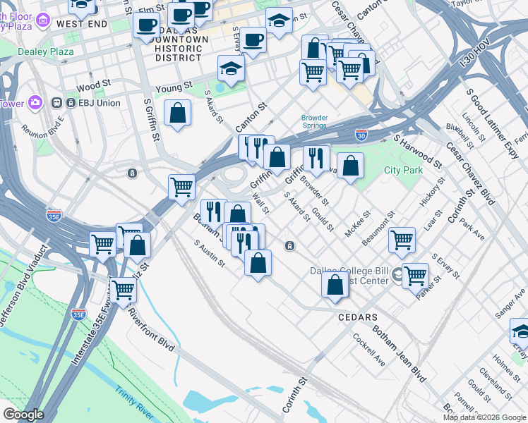 map of restaurants, bars, coffee shops, grocery stores, and more near 1117 Powhattan Street in Dallas