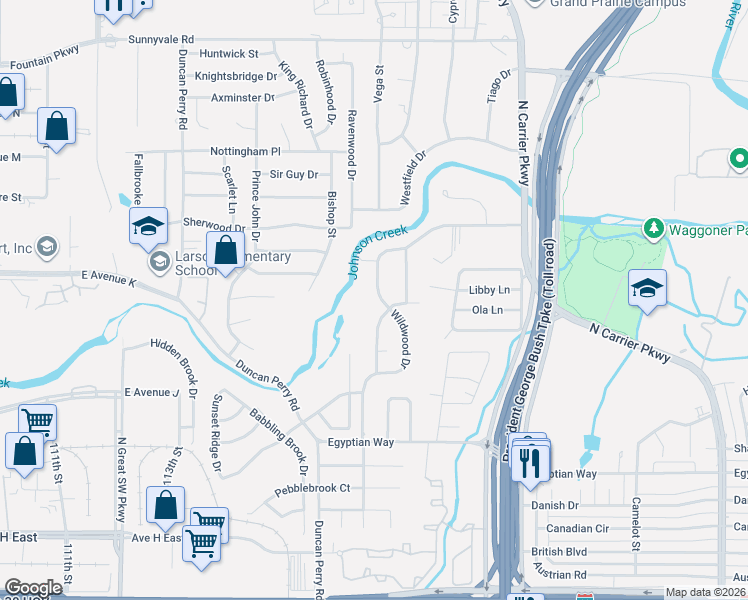 map of restaurants, bars, coffee shops, grocery stores, and more near 2005 Wildwood Drive in Grand Prairie