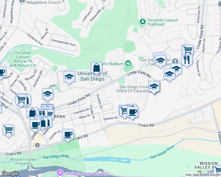 map of restaurants, bars, coffee shops, grocery stores, and more near 5935 Linda Vista Road in San Diego