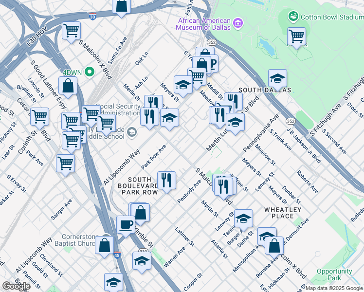 map of restaurants, bars, coffee shops, grocery stores, and more near 2811 South Boulevard in Dallas
