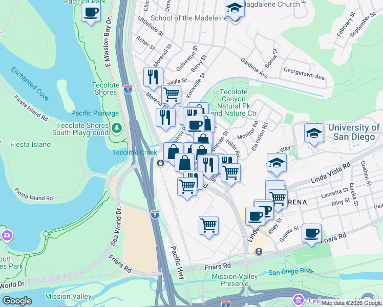 map of restaurants, bars, coffee shops, grocery stores, and more near 1255 West Morena Boulevard in San Diego