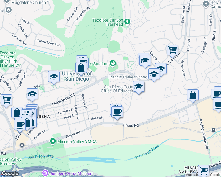 map of restaurants, bars, coffee shops, grocery stores, and more near 6204 Caminito Andreta in San Diego