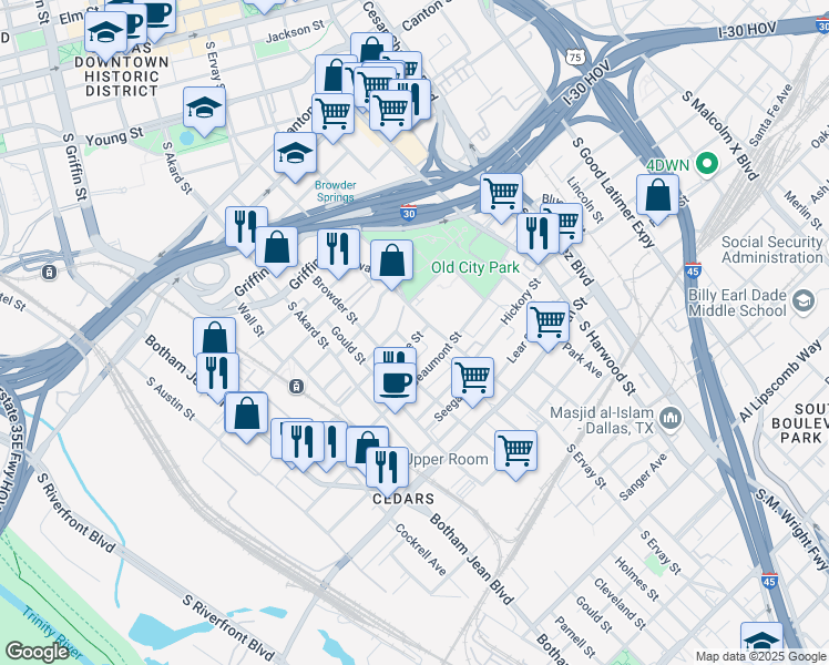map of restaurants, bars, coffee shops, grocery stores, and more near 1601 McKee Street in Dallas