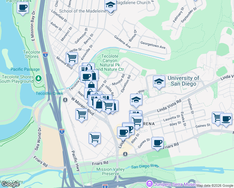 map of restaurants, bars, coffee shops, grocery stores, and more near 5165 Ellsworth Street in San Diego