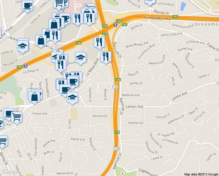 map of restaurants, bars, coffee shops, grocery stores, and more near 5030 Harmony Lane in La Mesa