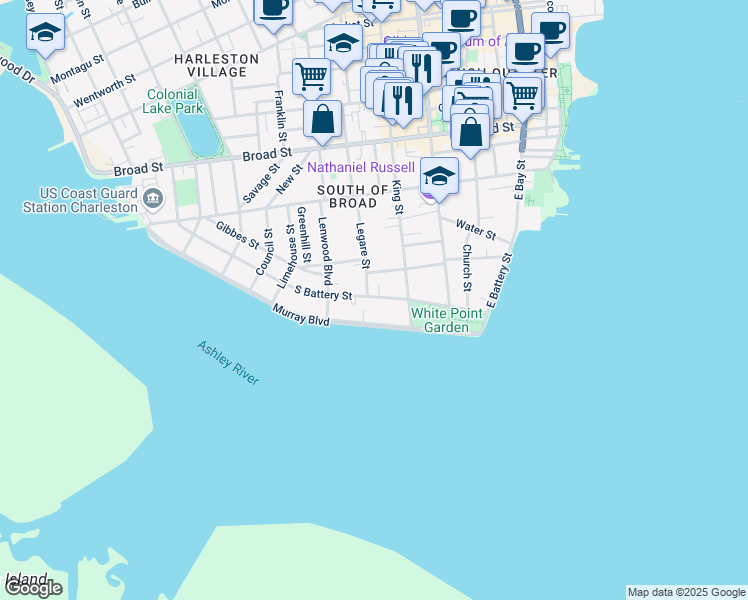 map of restaurants, bars, coffee shops, grocery stores, and more near 51 South Battery in Charleston