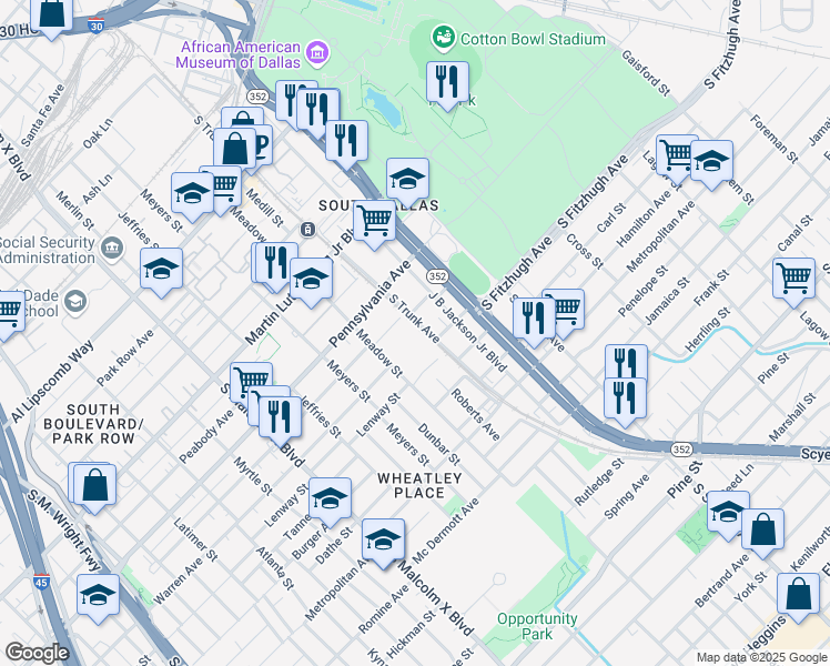 map of restaurants, bars, coffee shops, grocery stores, and more near 3150 Birmingham Avenue in Dallas