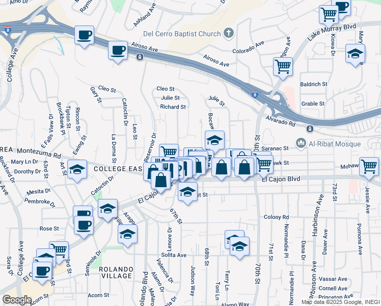map of restaurants, bars, coffee shops, grocery stores, and more near 6755 Saranac Street in San Diego