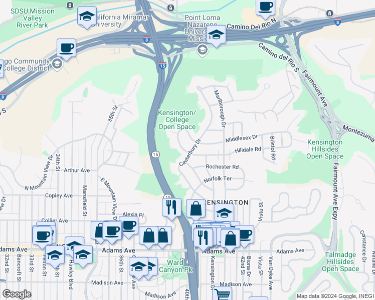 map of restaurants, bars, coffee shops, grocery stores, and more near 5102 Canterbury Drive in San Diego