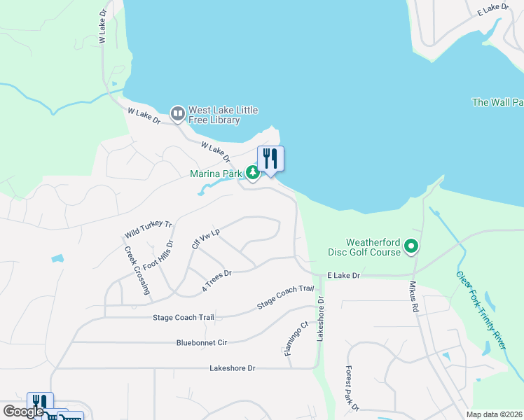 map of restaurants, bars, coffee shops, grocery stores, and more near 3621 Cliff View Loop in Weatherford