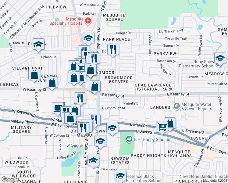 map of restaurants, bars, coffee shops, grocery stores, and more near 504 Debra Drive in Mesquite