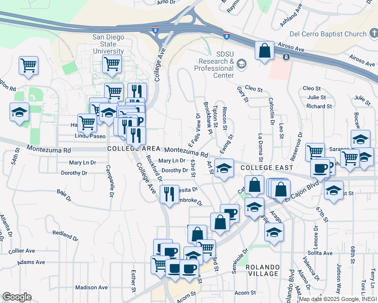 map of restaurants, bars, coffee shops, grocery stores, and more near Montezuma Road & East Falls View Drive in San Diego