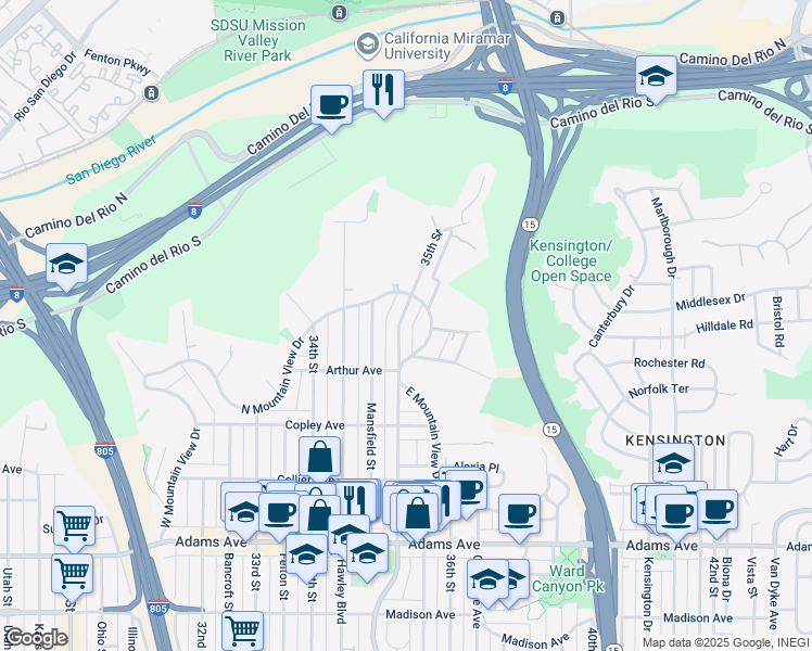 map of restaurants, bars, coffee shops, grocery stores, and more near 5047 35th Street in San Diego