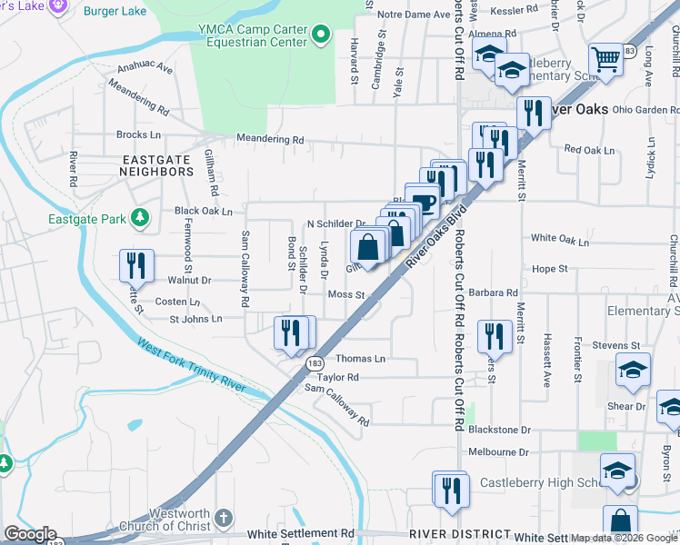 map of restaurants, bars, coffee shops, grocery stores, and more near 737 Thersa Drive in River Oaks