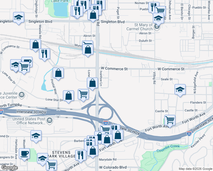 map of restaurants, bars, coffee shops, grocery stores, and more near 1907 Brundrette Street in Dallas