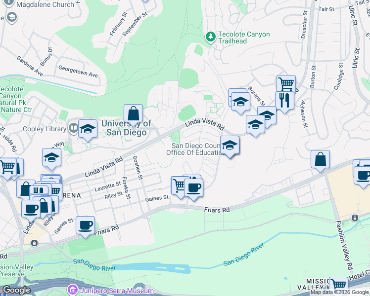 map of restaurants, bars, coffee shops, grocery stores, and more near 6204 Caminito Andreta in San Diego