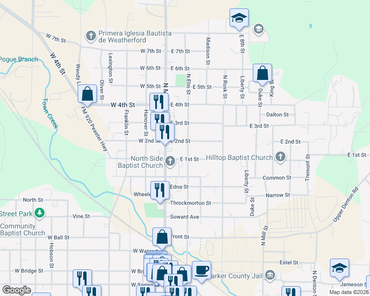 map of restaurants, bars, coffee shops, grocery stores, and more near 1011 North Elm Street in Weatherford