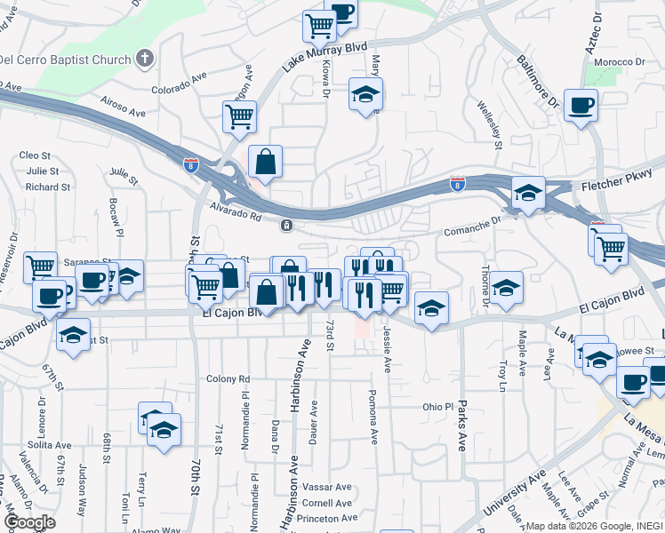 map of restaurants, bars, coffee shops, grocery stores, and more near 5055 73rd Street in San Diego