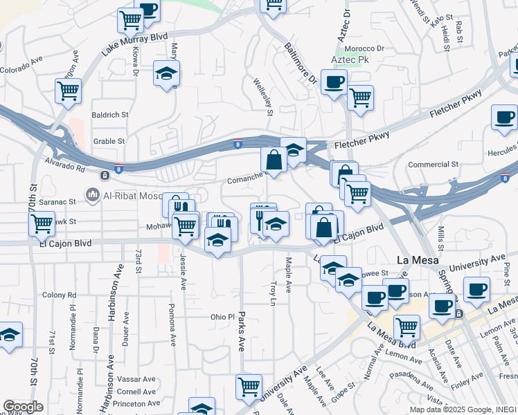 map of restaurants, bars, coffee shops, grocery stores, and more near 5050 Thorne Drive in La Mesa