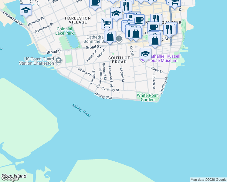 map of restaurants, bars, coffee shops, grocery stores, and more near 65 South Battery in Charleston