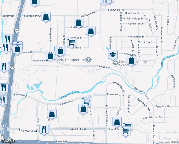 map of restaurants, bars, coffee shops, grocery stores, and more near 2805 Fairway Park Street in Grand Prairie