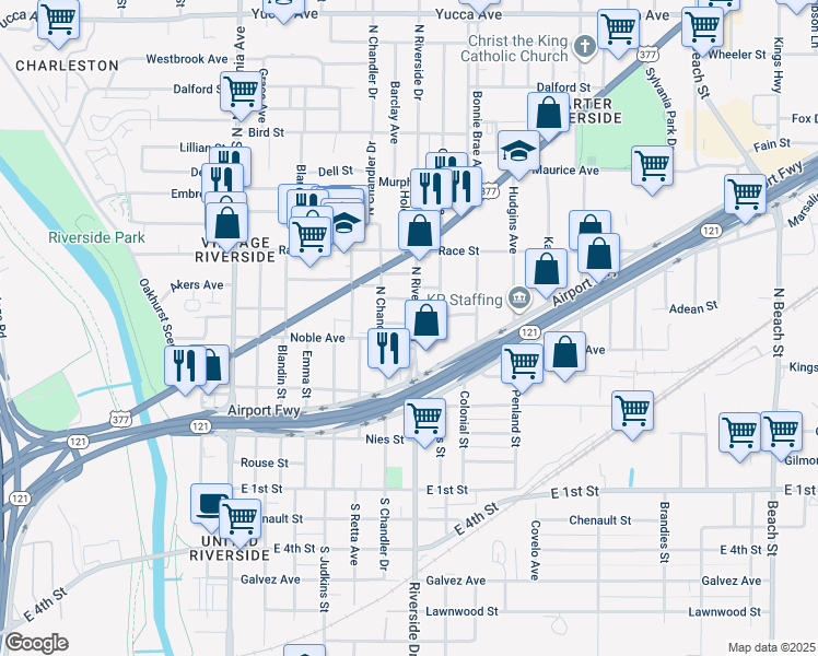map of restaurants, bars, coffee shops, grocery stores, and more near 419 North Riverside Drive in Fort Worth