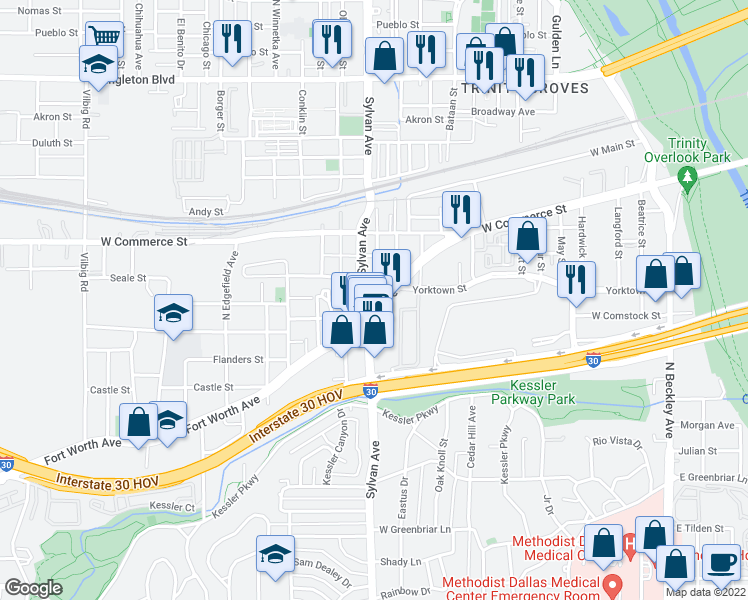 map of restaurants, bars, coffee shops, grocery stores, and more near 727 Fort Worth Avenue in Dallas