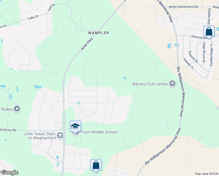 map of restaurants, bars, coffee shops, grocery stores, and more near 438 Charlie Way in Weatherford